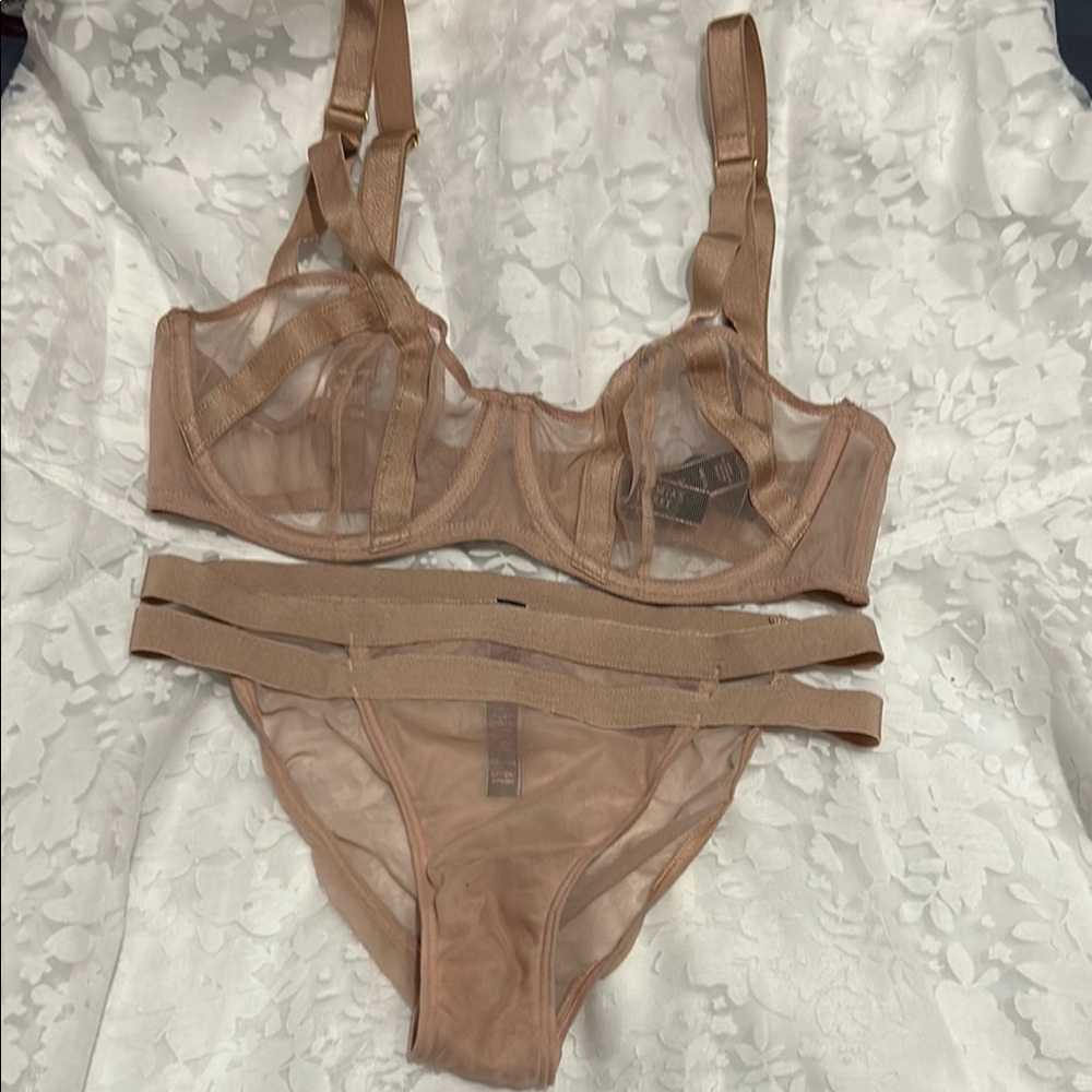 Victoria Secret Luxe Holiday 2019 Sheer Tan Bra and Panty Set 32D/S